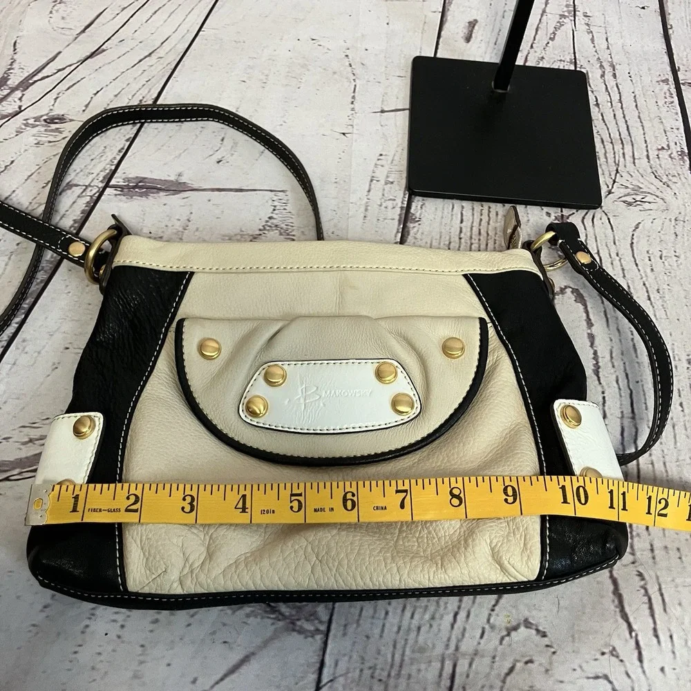 B. Makowsky Handbag Beige Black Leather‎ Crossbody Bag Purse